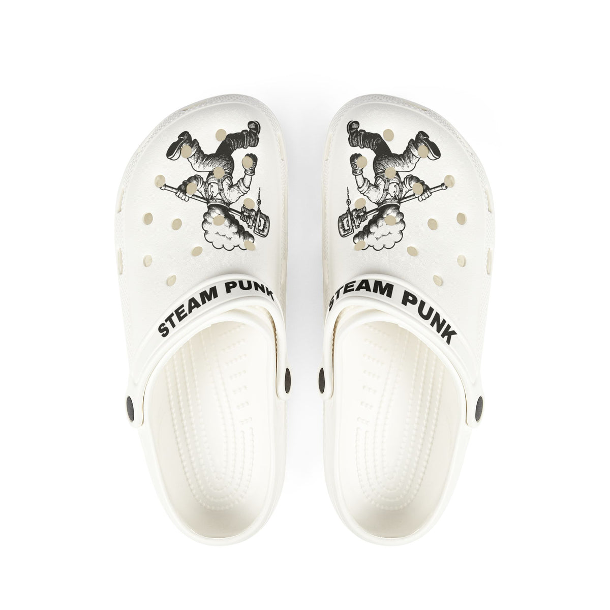 Steampunk Plumber EVA Foam Clogs — Vintage Plumbing Graphic Slip-Ons